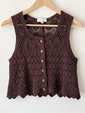 Y2K Vintage Rebellion Brown Cotton Crochet Button Front Crop Knit Vest Size S